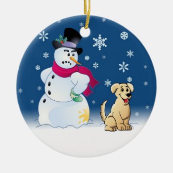 Yellow Labrador Retriever And Snowman Ceramic Ornament by cleverpupart at Zazzle