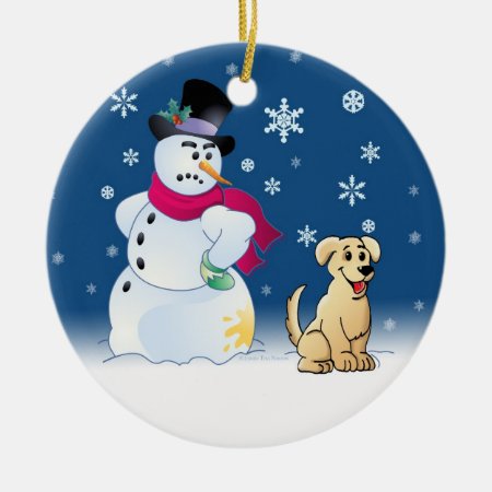 Yellow Labrador Retriever And Snowman Ceramic Ornament