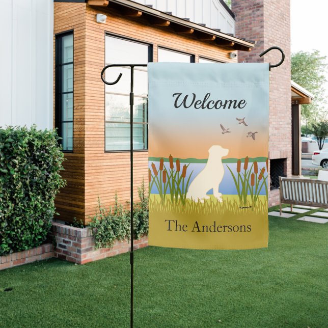 Yellow Labrador Retriever Bird Dog Sunset Garden Flag (Personalized Yellow Labrador Retriever Bird Dog Design Garden Flag for Yellow Labrador Owners.)