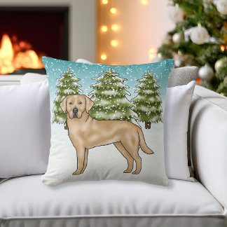 Yellow Labrador Retriever Blue Snow Winter Forest Throw Pillow