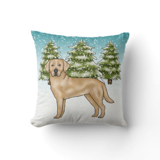 Yellow Labrador Retriever Blue Snow Winter Forest Throw Pillow