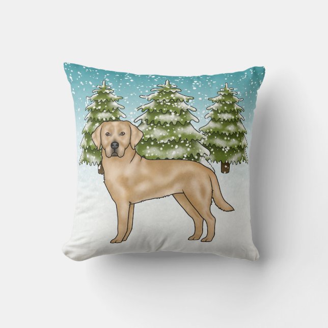 Yellow Labrador Retriever Blue Snow Winter Forest Throw Pillow (Front)