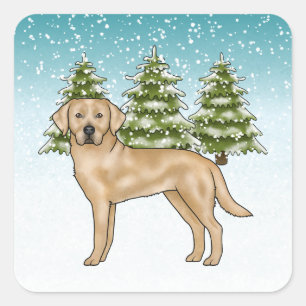 Yellow Labrador Retriever Blue Snowy Winter Forest Square Sticker