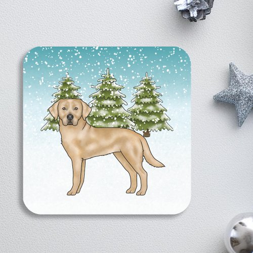 Yellow Labrador Retriever Blue Snowy Winter Forest Square Sticker