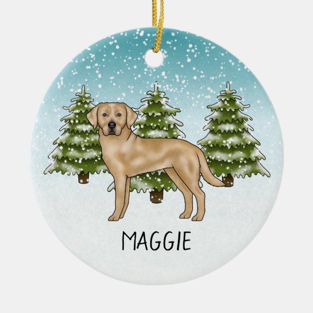 Yellow Labrador Retriever Blue Winter Custom Name Ceramic Ornament (Front)