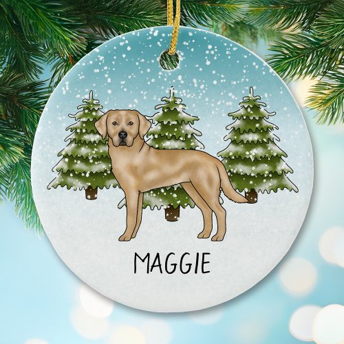 Yellow Labrador Retriever Blue Winter Custom Name Ceramic Ornament