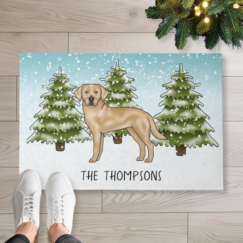 Yellow Labrador Retriever Blue Winter Family Name Doormat