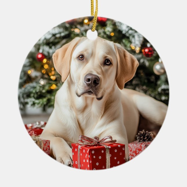 Yellow Labrador Retriever Christmas Ceramic Ornament (Front)