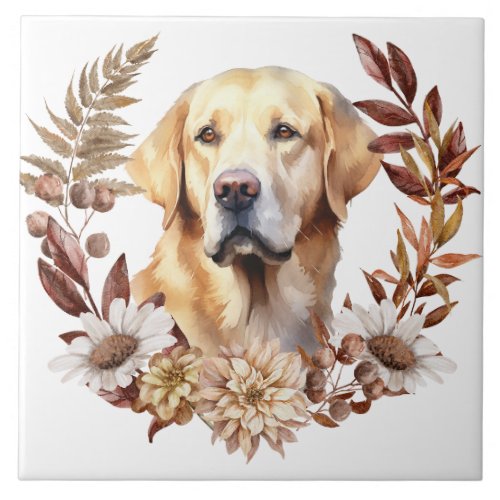 Yellow Labrador Retriever Dog Autumn Wreath Ceramic Tile