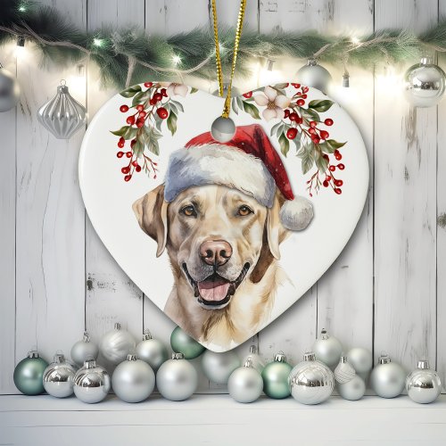 Yellow Labrador Retriever Dog Holly Wreath Ceramic Ornament