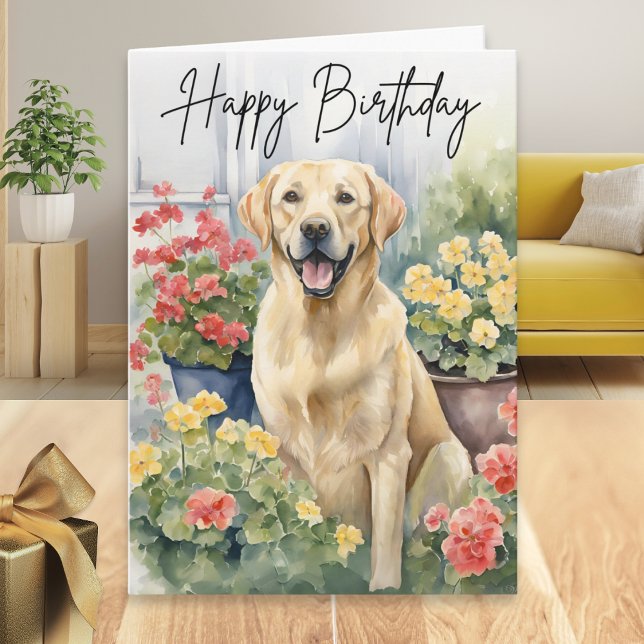 Yellow Labrador Retriever Dog Picture Birthday Card (A birthday card with picture of a yellow labrador retriever and geraniums in a watercolor style)