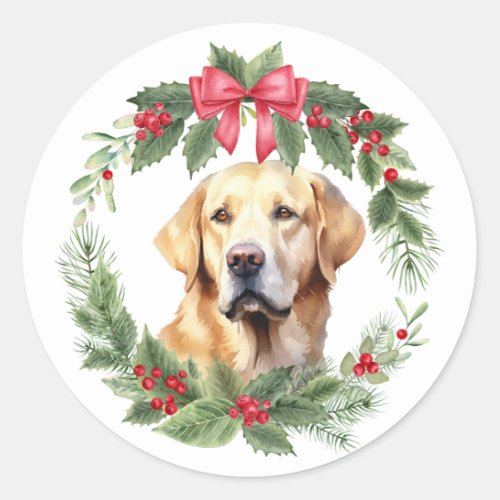 Yellow Labrador Retriever Dog Red Bow Holly Wreath Classic Round Sticker