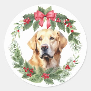 Yellow Labrador Retriever Dog Red Bow Holly Wreath Classic Round Sticker