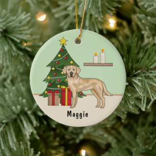 Yellow Labrador Retriever Dog With Christmas Tree Ceramic Ornament