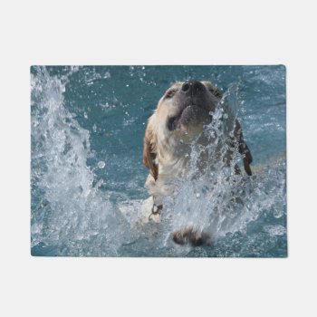 Yellow Labrador Retriever Fun In The Pool Doormat by WackemArt at Zazzle