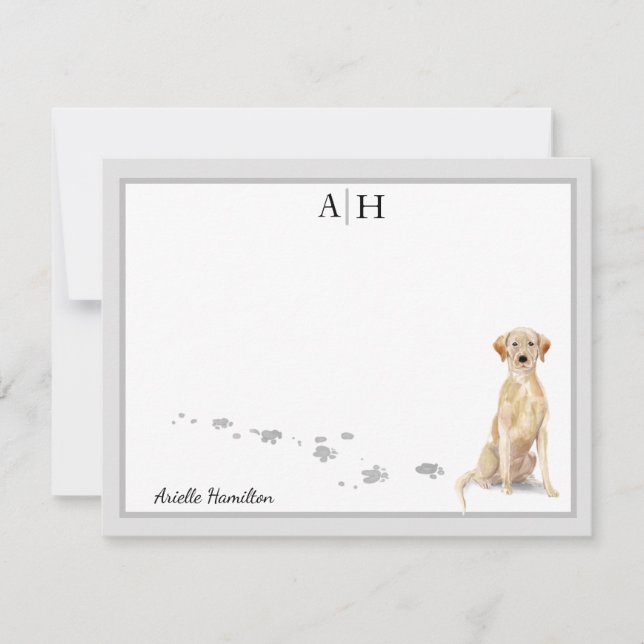 Yellow Labrador Retriever Gray Border Monogram Note Card (Front)