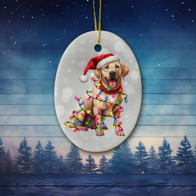 Yellow Labrador Retriever in Christmas Lights Ceramic Ornament (Creator Uploaded)