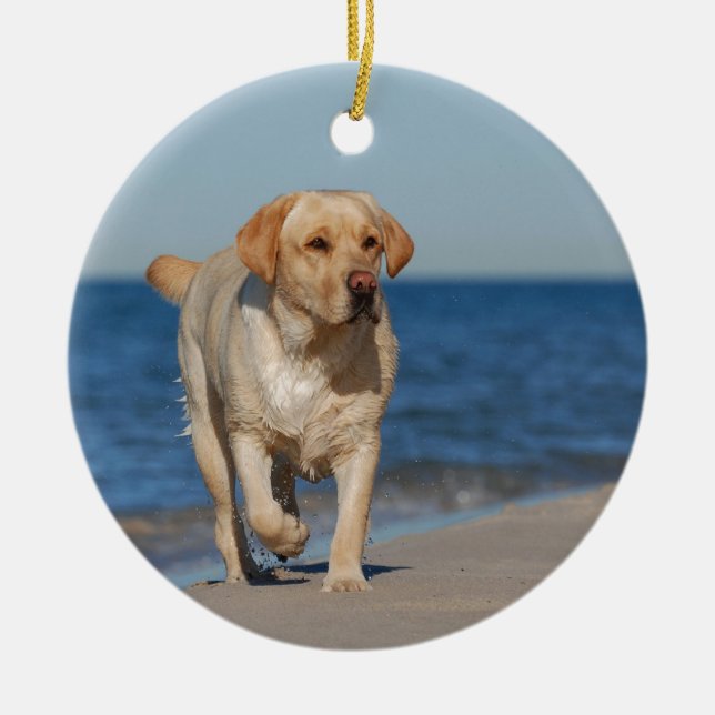 Yellow labrador retriever on the beach ceramic ornament (Front)