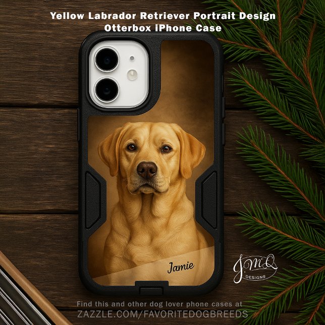 Yellow Labrador Retriever Portrait Design Otterbox iPhone Case (Realistic yellow Labrador portrait phone case with customizable name.)