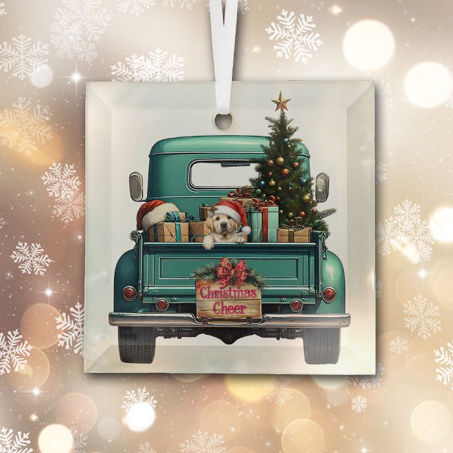 Yellow Labrador Retriever Pup Farm Truck Christmas Glass Ornament (Creator Uploaded)