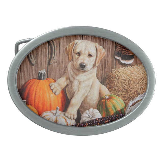Yellow Labrador Retriever Puppy Dog Pumpkin Autumn Belt Buckle (Front)
