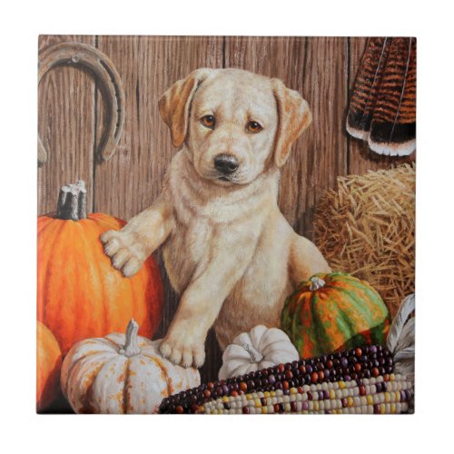 Yellow Labrador Retriever Puppy Dog Pumpkin Autumn Ceramic Tile