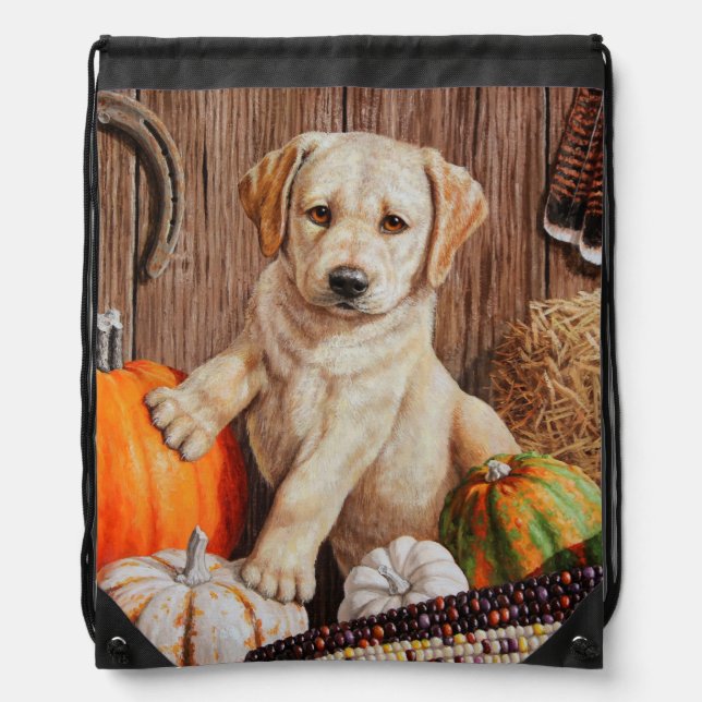 Yellow Labrador Retriever Puppy Dog Pumpkin Autumn Drawstring Bag (Front)