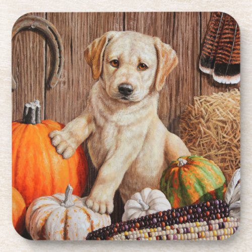 Yellow Labrador Retriever Puppy Dog Pumpkin Autumn Drink Coaster