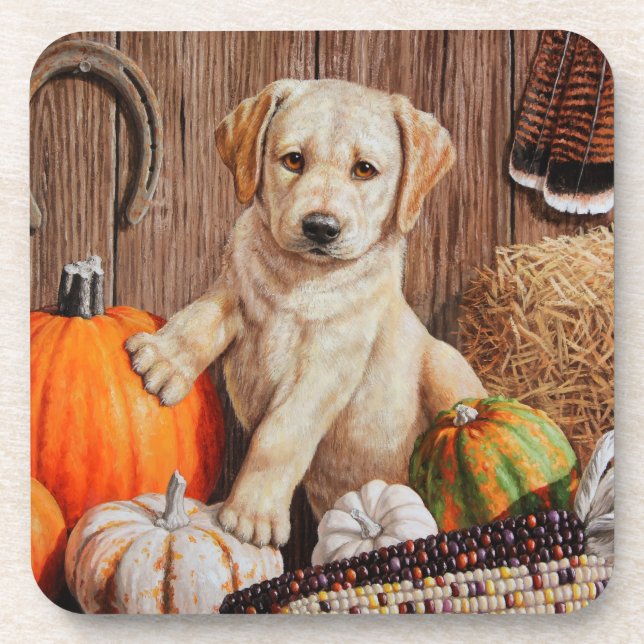 Yellow Labrador Retriever Puppy Dog Pumpkin Autumn Drink Coaster (Front)