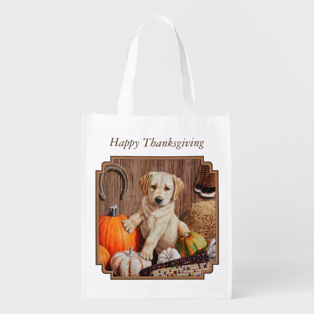 Yellow Labrador Retriever Puppy Dog Pumpkin Autumn Grocery Bag (Front)