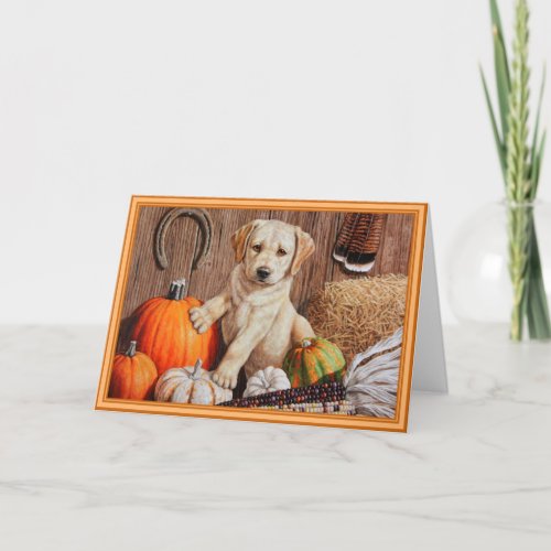 Yellow Labrador Retriever Puppy Dog Pumpkin Autumn Holiday Card