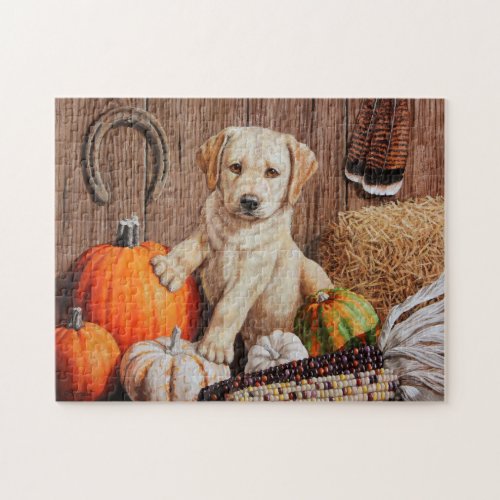 Yellow Labrador Retriever Puppy Dog Pumpkin Autumn Jigsaw Puzzle