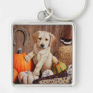 Yellow Labrador Retriever Puppy Dog Pumpkin Autumn Keychain