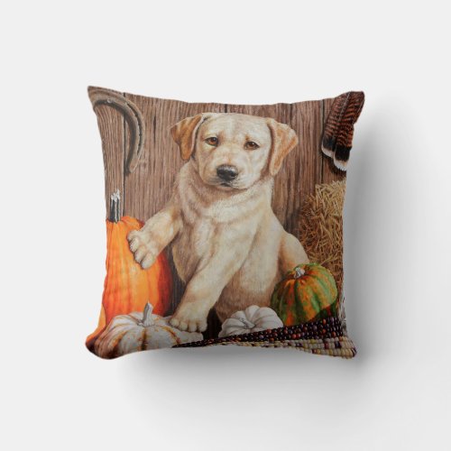 Yellow Labrador Retriever Puppy Dog Pumpkin Autumn Throw Pillow