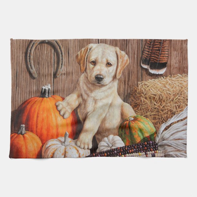 Yellow Labrador Retriever Puppy Dog Pumpkin Autumn Towel (Horizontal)