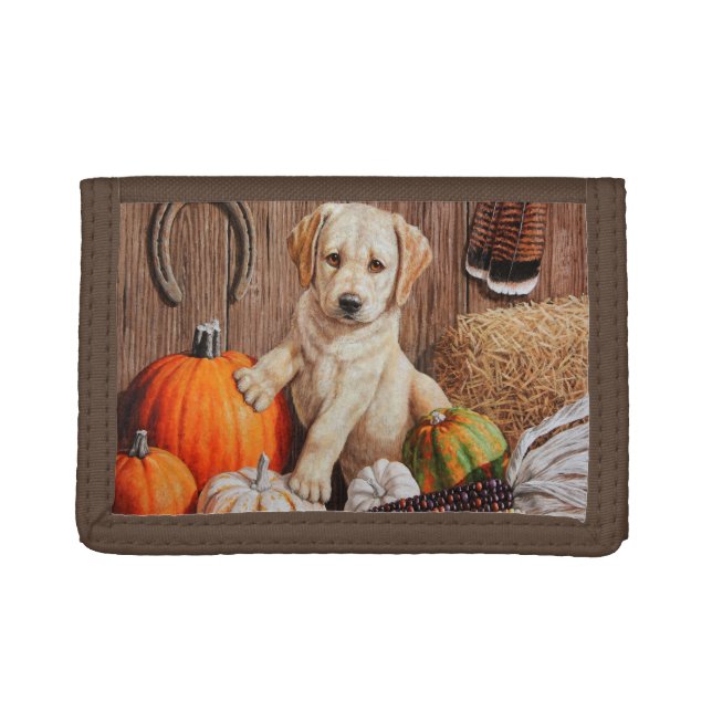 Yellow Labrador Retriever Puppy Dog Pumpkin Autumn Trifold Wallet (Front)