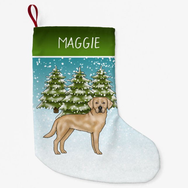 Yellow Labrador Retriever Snow Forest Custom Name Small Christmas Stocking (Front)