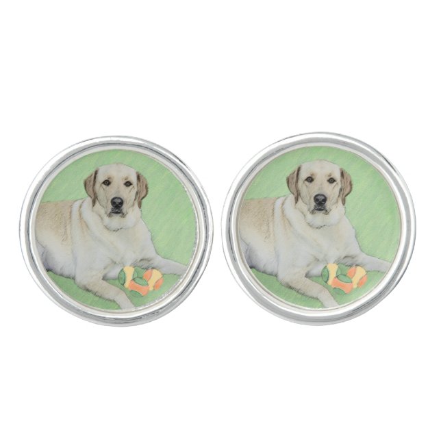 Yellow Labrador Retriever & Tennis Balls Painting Cufflinks (Front)