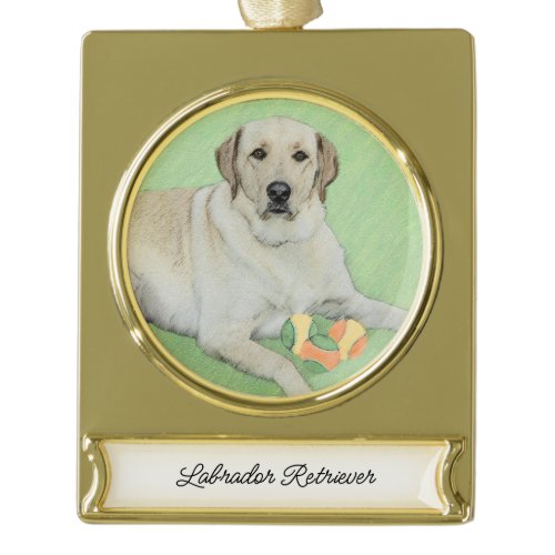 Yellow Labrador Retriever &amp; Tennis Balls Painting Gold Plated Banner Ornament