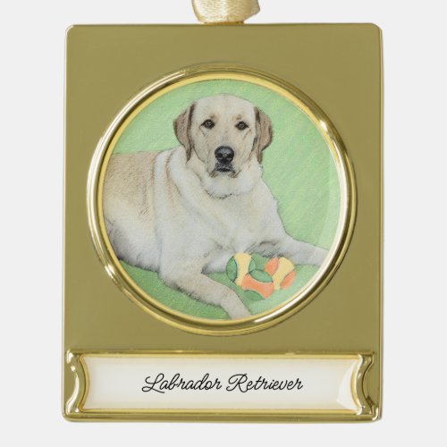 Yellow Labrador Retriever  Tennis Balls Painting Gold Plated Banner Ornament