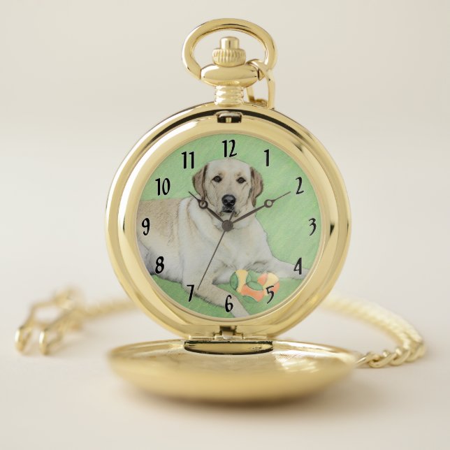Yellow Labrador Retriever & Tennis Balls Painting Pocket Watch (Inside)