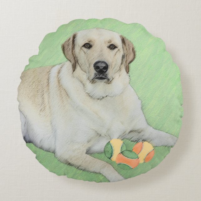 Yellow Labrador Retriever & Tennis Balls Painting Round Pillow (Front)