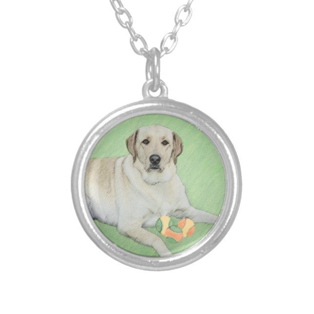 Yellow Labrador Retriever & Tennis Balls Painting Silver Plated Necklace (Front)