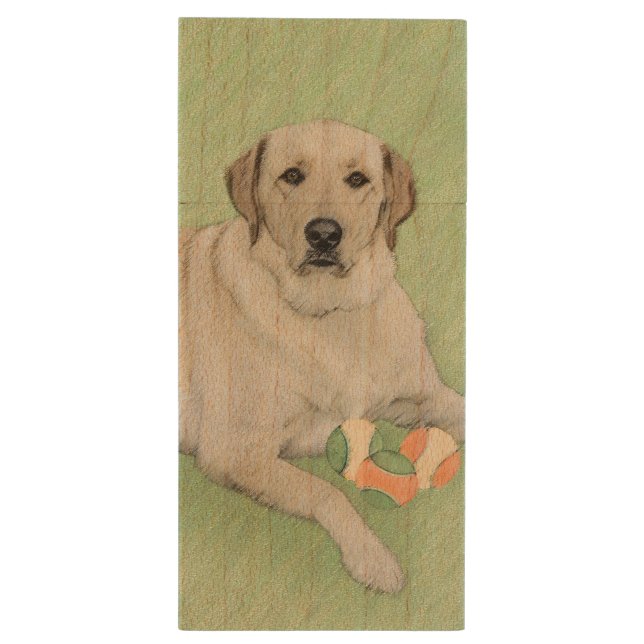 Yellow Labrador Retriever & Tennis Balls Painting Wood USB Flash Drive (Back (Vertical))