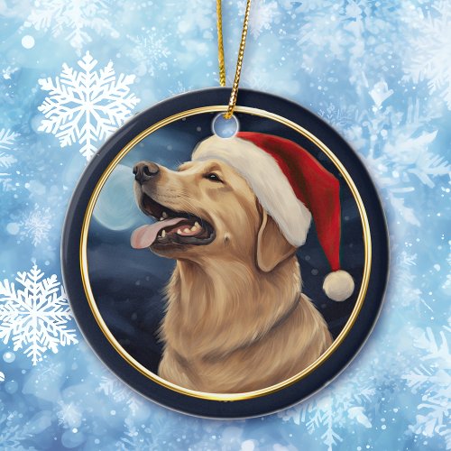 Yellow Labrador Santa Hat Christmas Night Ceramic Ornament