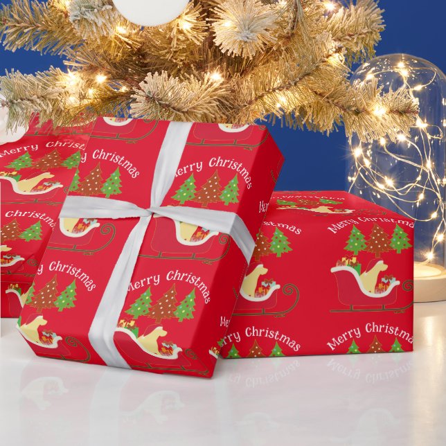 Yellow Labrador Silhouette Christmas Sleigh Red Wrapping Paper (Holidays)