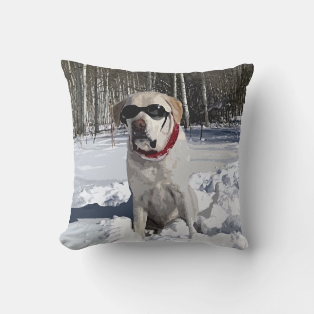 Yellow Labrador Snow Dog Throw Pillow (Front)