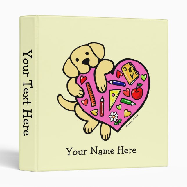 Yellow Labrador & Teacher's Heart Cartoon 3 Ring Binder (Front/Spine)