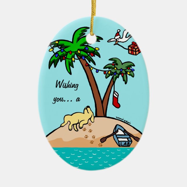 Yellow Labrador Tropical Christmas Ceramic Ornament (Front)