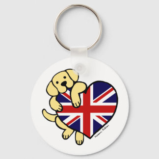 Yellow Labrador & UK Flag Heart 2 Cartoon Keychain